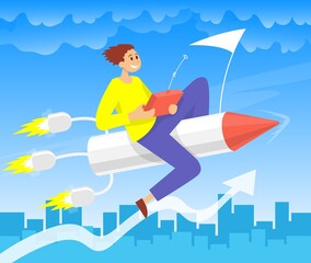 Businessman flying up by rocket. Color vector cartoon illustration.