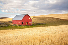 A Red Barn In The Fall Season In The Palouse Wheat Country In Southeastern Washington.