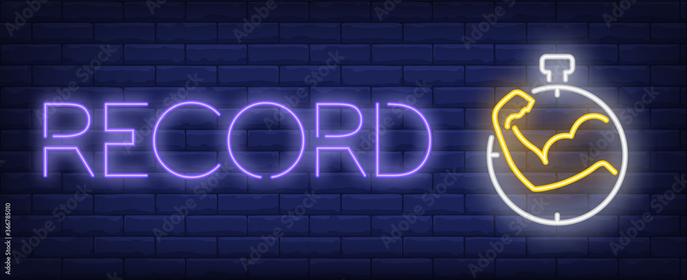Record neon sign. Glowing inscription with muscle arm inside stopwatch ...