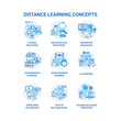 Distance learning concept icons set. Synchronous and asynchronous learning. Unreliable technology. Remote education idea thin line RGB color illustrations. Vector isolated outline drawings