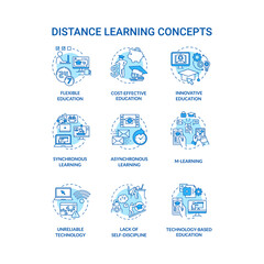 Poster - Distance learning concept icons set. Synchronous and asynchronous learning. Unreliable technology. Remote education idea thin line RGB color illustrations. Vector isolated outline drawings