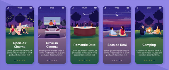 Canvas Print - Open air cinema onboarding mobile app screen vector template. Drive in movie watching. Romantic date. Seaside real. Walkthrough website steps with flat characters. Smartphone cartoon UX, UI, GUI