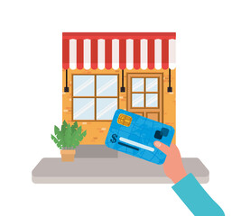 Wall Mural - hand holding credit card in front of local store design of shop retail buy and market theme Vector illustration