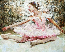 Young  Beautiful Girl, Ballerina In A Lush Pink Ballet Tutu During A Performance On The Expressive Background. Palette Knife Technique Of Oil Painting And Brush.