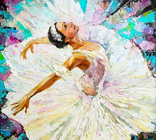 Ballerina, White Swan On The Stage Of The Theater, Painted On A Bright Expressive Abstract Background. Palette Knife Technique Of Oil Painting.