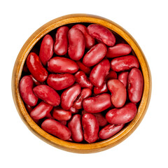 Wall Mural - Canned red kidney beans in wooden bowl, also known as common kidney bean, Rajma or Surkh. A variety of the common bean, Phaseolus vulgaris. Closeup, from above, over white, isolated, macro food photo.
