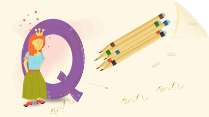 Wall Mural - illustration layout banner of the English alphabet for learning the alphabet letter Q Queen on a sheet of paper with colored pencils