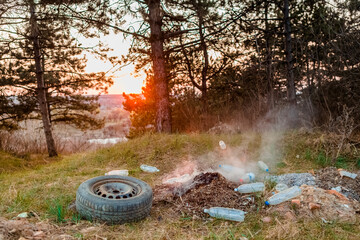 Junk in the forest at sunrise.