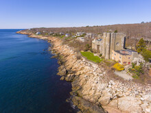 Aerial View Of Hammond Castle In Village Of Magnolia In City Of Gloucester, Massachusetts MA, USA. This Building Was Built In 1926 On The Coast Of Gloucester Harbor.