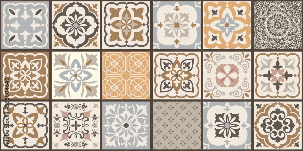 Collection of 18 ceramic tiles in turkish style. Seamless colorful patchwork from Azulejo tiles. Portuguese and Spain decor. Islam, Arabic, Indian, Ottoman motif. Vector Hand drawn background - obrazy, fototapety, plakaty 