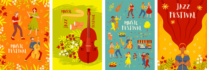 Set of four music festival invitation card templates with various with various music and dance scenes. Vector illustration