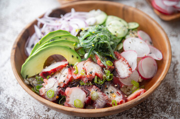 Poster - colorful octopus poke bowl with vegetables