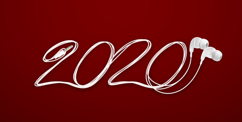 Wall Mural - 2020 Happy New Year wire logo with stereo mini earphones with cord and 3,5mm plug design. Cover of music diary for 2020 with songs. Brochure design template Isolated on red background.