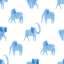 Seamless Pattern With Blue Elephants.