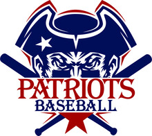 patriots baseball team design with half mascot and crossed bats for school, college or league