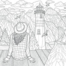 Landscape.
Girls Sitting On The Bridge And Looking At The Lighthouse.Coloring Book Antistress For Children And Adults. Zen-tangle Style.Black And White Drawing