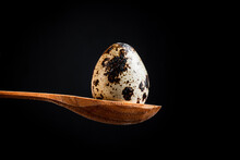 Macro Shot Of The Quail Egg In The Wooden Spoon On The Black Background
