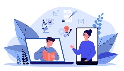 Wall Mural - happy people learning online via smartphone or laptop. science, teacher, student flat vector illustr
