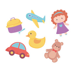 Canvas Print - toys object for small kids to play cartoon doll bear duck car plane and lunch box