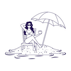 Sticker - young woman relaxing on the beach seated in chair and umbrella