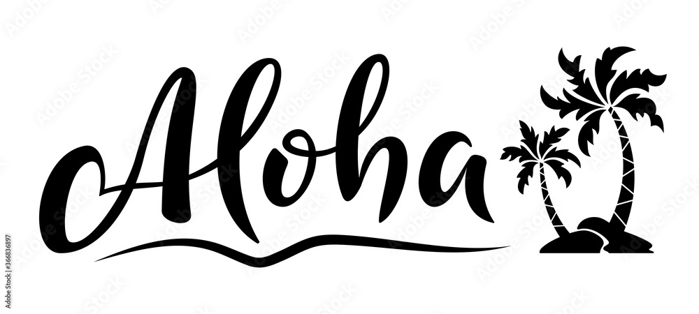 Aloha hand lettering text with palm trees. Hawaii summer t-shirt print ...