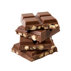 Milk chocolate with nuts, slices isolated on white background.