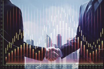 Double exposure of forex graph hologram and handshake of two men. Stock market concept.