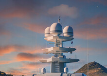 White Satellite Tower On A Luxury Yacht