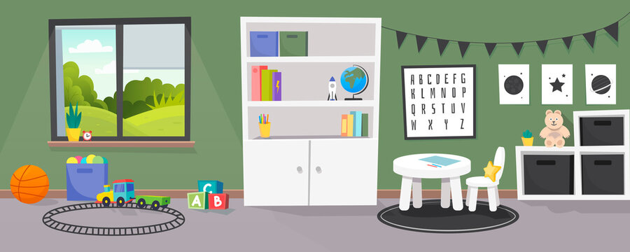 Wall Mural - Kindergarten or kid room interior vector illustration. Empty cartoon background with child toys, tables and drawer boxes. Modern room with furniture, sunlight from window and toys for kids.
