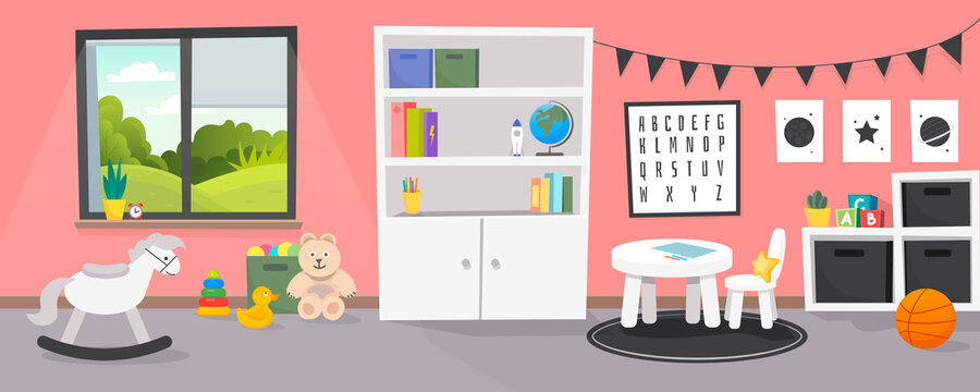 Wall Mural - Kindergarten or kid room interior vector illustration. Empty cartoon background with child toys, tables and drawer boxes. Modern room with furniture, sunlight from window and toys for kids.