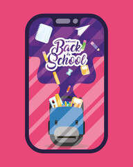 Wall Mural - back to school poster with schoolbag and supplies in smartphone