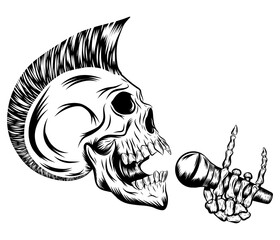 Skull punk singing and holding microphone