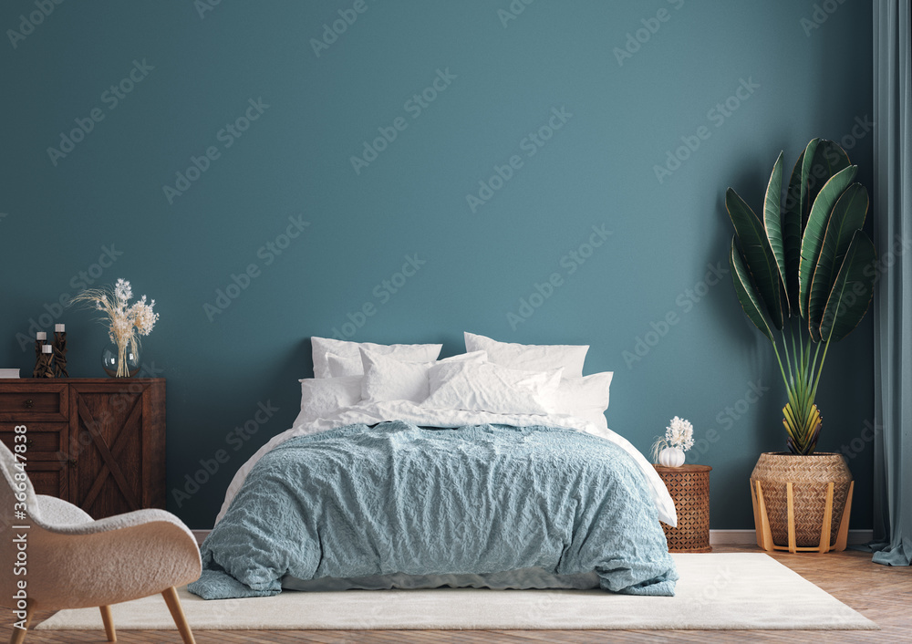 Home interior mock-up background, dark blue bedroom with potted palm, 3d render - obrazy, fototapety, plakaty 