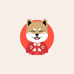 Wall Mural - Cute shiba inu wearing kimono. Dog cartoon icon, vector illustration on Japanese flag background.