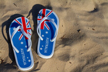 View From Above Of Australian Flag Thongs/ Flip Flops For Australia Day
