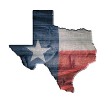 Texas Flag Wood Texture On The State Map Outline Against Wooden Board Background. Vintage Effects. Isolated On White.