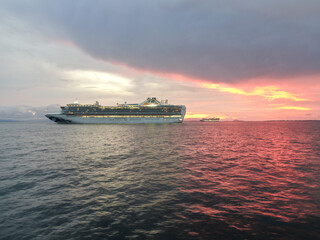 Beautiful aerial view of an empty Gigantic Cruise ship park in Costa Rica due to quarantine