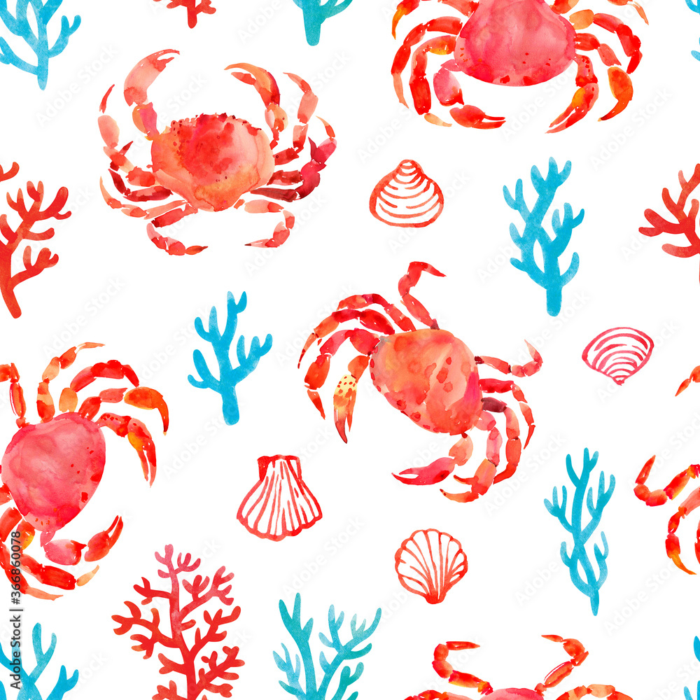 Seamless pattern with sea symbols: crabs, corals, shells. Hand drawn ...