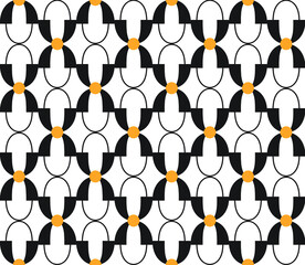 Poster - Simple repeating pattern on a white background of thick and thin black curves looped together with orange dots, geometric vector illustration