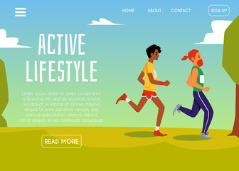 Canvas Print - Active lifestyle banner background with running people flat vector illustration.