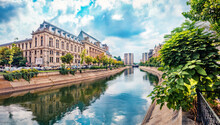 Astonishing Summer Cityscape Of Bucharest City - Capital Of Romania, Europe. Spectacular Morning View Of Court Of Appeal Building On Tne Dambovita River. Traveling Concept Background.