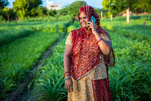 Traditional Village Women Talking On Mobile Phone Standing In Green Field Agriculture Land, Happy Indian Female Talking On Phone.