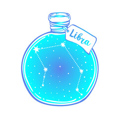 Wall Mural - Glass Bottle with zodiac Libra constellation inside. Vector ink illustration. Doodle style sketch, Color gradient drawing isolated on white.