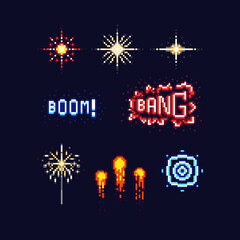 Poster - Pixel art firework icon design set.