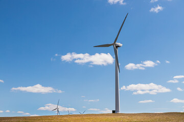 wind turbine, or wind energy converter, converts the wind's kinetic energy into electrical energy in Huanghuagou Huitengxile near Hohhot, Inner Mongolia, China, with horse, clouds and blue sky