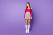 Full length photo of pretty millennial lady flirty mood amazing stylish look wear pink off-shoulders cropped top plaid skirt long knee socks shoes isolated pastel purple color background