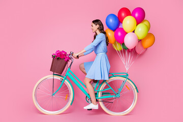 Sticker - Full length body size profile side view of attractive cheerful wavy-haired lady riding bike wearing smart casual journey delivering shop order quarantine service isolated pink pastel color background