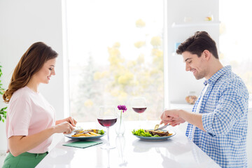 Poster - Profile side view portrait of his he her she two nice attractive cheerful spouses spending idyllic day enjoying eating meal dinner tasty yummy meat dish in light white interior kitchen house apartment