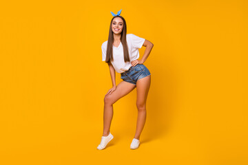 Poster - Full body photo of cheerful cute nice sweet girl enjoy spring free time weekend holiday look good wear trend blue clothes gumshoes isolated over bright color background