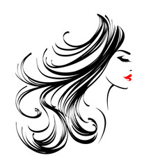 Wall Mural - Beautiful woman portrait with long, wavy hairstyle and elegant makeup.Hair salon and beauty studio logo.Cosmetics and spa illustration isolated on light fund.Profile view face.Young lady.